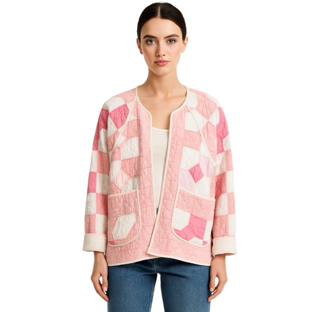 Upcycled by Reissued Quilted Chore Jacket  Pink & White Patchwork One of a Kind